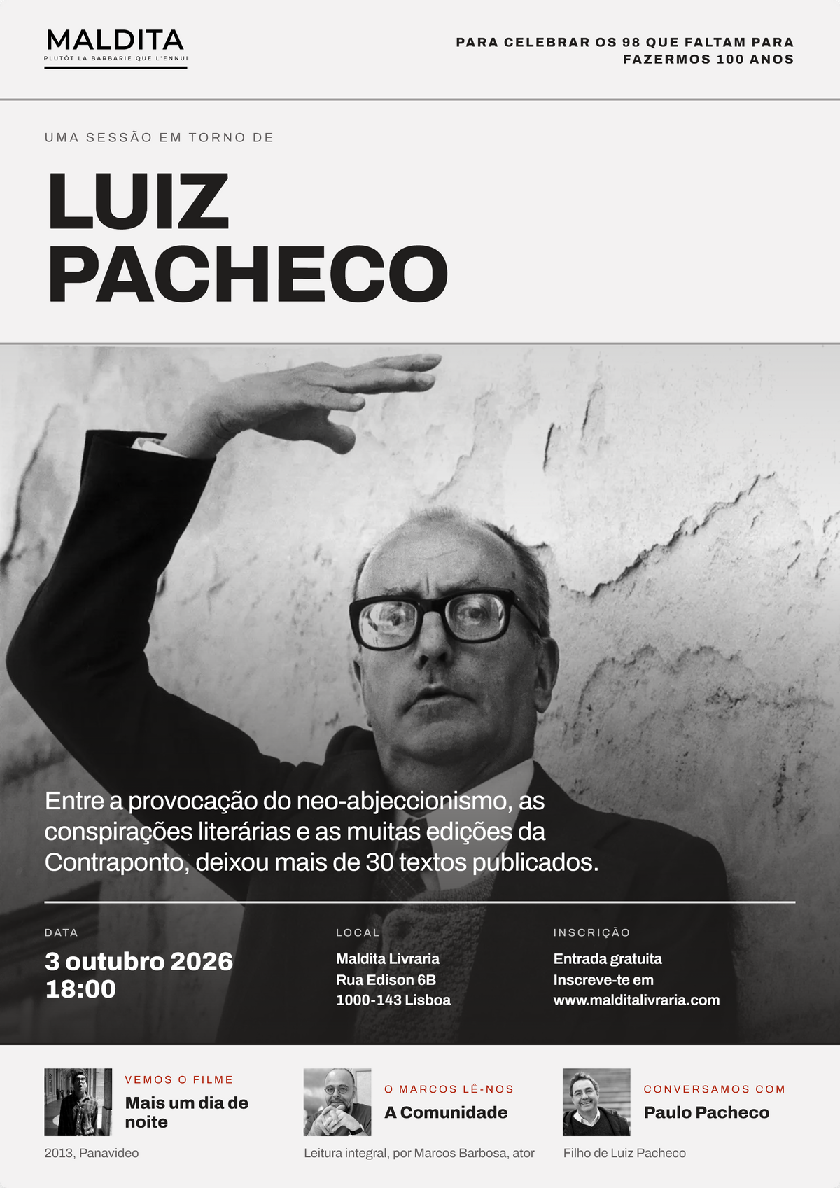 Cartaz da sessão em torno de Luiz Pacheco